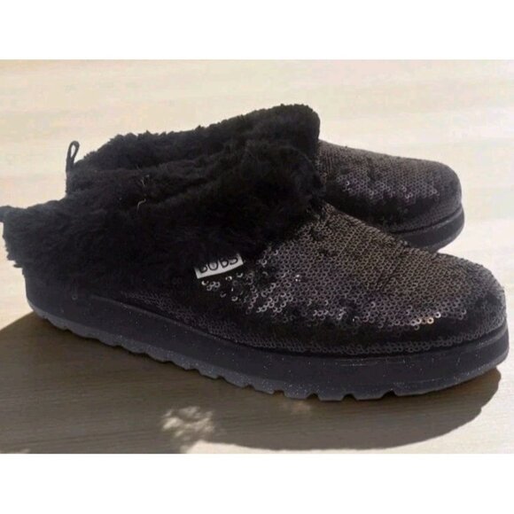 Skechers Bobs Size 7 Sequin Faux Fur Mule Slippers Black Slip On Cozy Loungewear - Picture 1 of 8